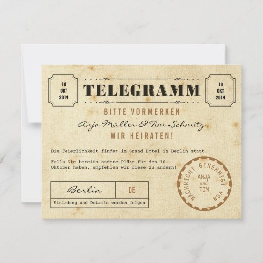 Vintage Telegramm Save the Date (Voorkant)