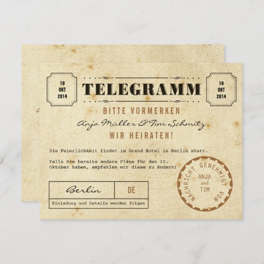 Vintage Telegramm Save the Date (Voorkant / Achterkant)