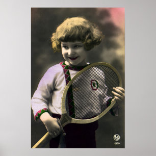 Vintage tennissport, gelukkig meisje met racket poster