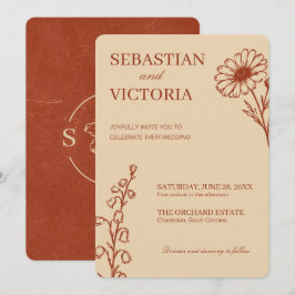 Vintage Terracotta Bloemige Trouwkaart-Elegante Mi Kaart