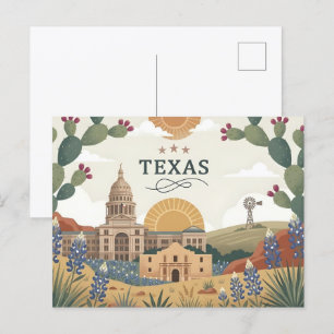 Vintage Texas State Austin Capitol Alamo en Blueb Feestdagenkaart