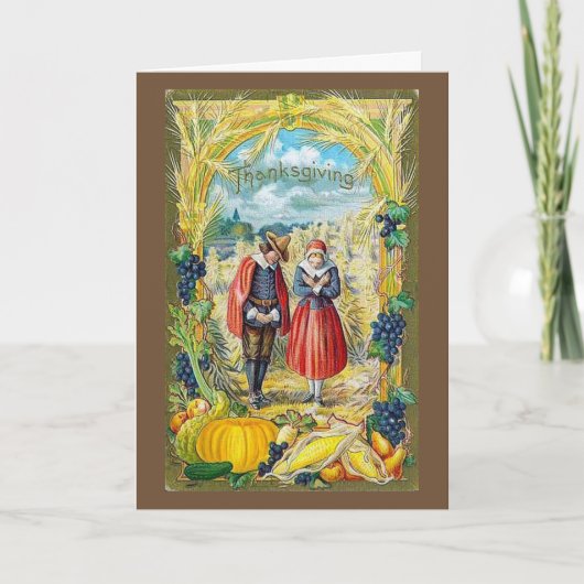 Vintage - Thanksgiving Pilgrims & Harvest, Feestdagen Kaart (Voorkant)