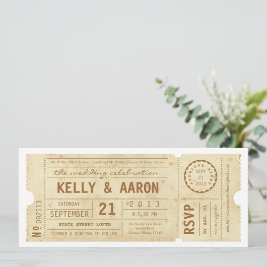 Vintage theater Ticket Wedding Uitnodiging afspele (Staand voorkant)