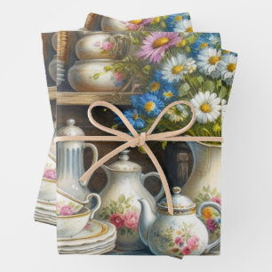 Vintage Theeset en Wilde Bloemen  Inpakpapier Vel