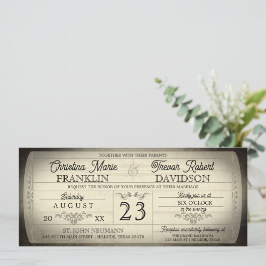 Vintage Ticket Style Wedding Invitation Kaart (Staand voorkant)
