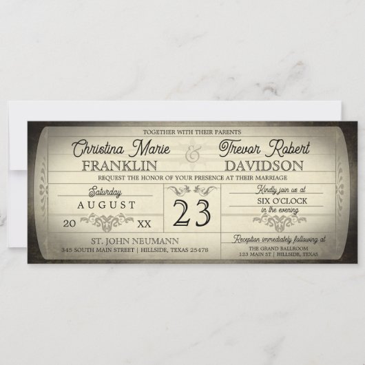 Vintage Ticket Style Wedding Invitation Kaart (Voorkant)