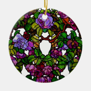 Vintage Tiffany Glas in lood Paarse Rozen Keramisch Ornament