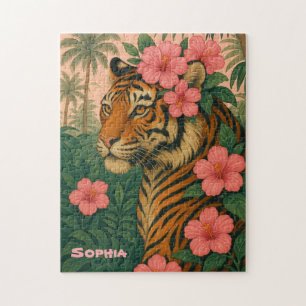 Vintage Tijgerpuzzel met Roze Tropische Bloemen Legpuzzel