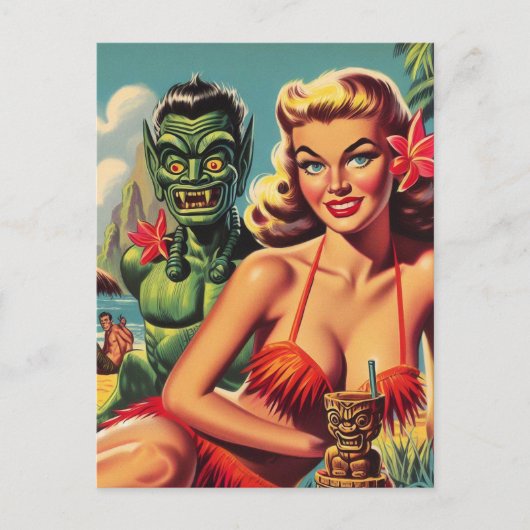 Vintage Tiki Pin-up Briefkaart (Voorkant)