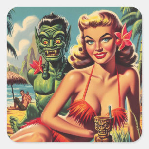 Vintage Tiki Pin-up Vierkante Sticker