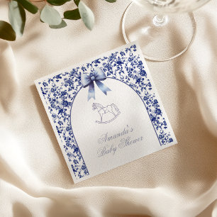 Vintage Toile Blauwe Strik Schommelend Paard Baby  Servet