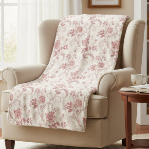 Vintage Toile De Jouy Stof met Stofrose Patroon Sherpa Deken
