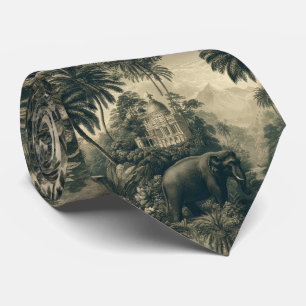 Vintage Toile Olifant Jungle Kunst Tropische Botan Stropdas