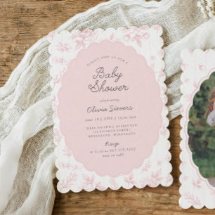 Vintage Toile Roze Bloemrijke Baby Shower Uitnodig Kaart