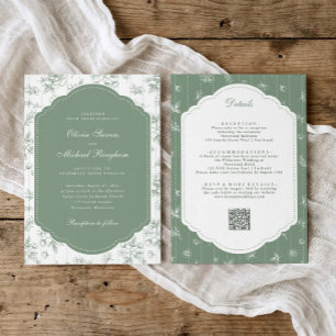 Vintage Toile Saliegroen All-in-One Trouwuitnodigi Kaart
