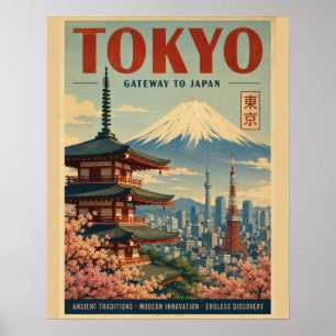 Vintage Tokyoreisposter met Mt. Fuji, Kersenbloese Poster