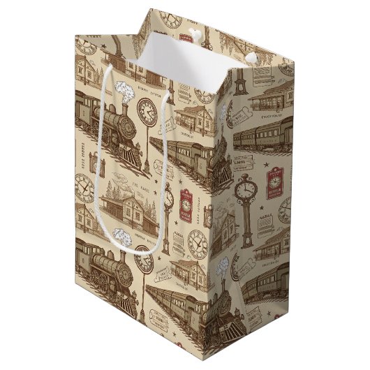 Vintage Train Station Pattern (1) Medium Cadeauzakje (Voorkant Gekanteld)