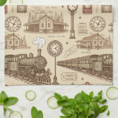 Vintage Train Station Pattern (1) Theedoek (Gevouwen)