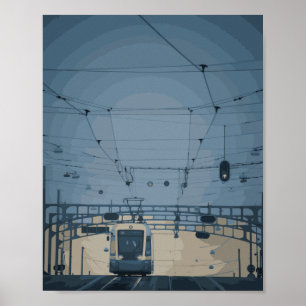 vintage tram bij zonsondergang aquarel uitzicht poster
