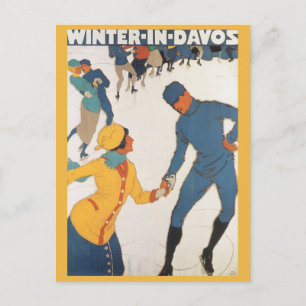 Vintage Travel, Art Deco, Winter Davos Zwitserland Briefkaart