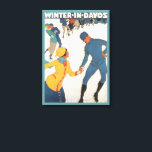 Vintage Travel, Art Deco, Winter Davos Zwitserland Canvas Afdruk<br><div class="desc">illustratiereclame,  Europese reisposter of bagagelabel uit Davos,  Zwitserland,  met een ontwerp voor liefde en romance met een ijsskating voor paren. De winter in Davos.</div>