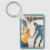 Vintage Travel, Art Deco, Winter Davos Zwitserland Sleutelhanger (Voorkant)