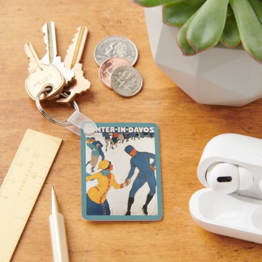Vintage Travel, Art Deco, Winter Davos Zwitserland Sleutelhanger (Bureau)