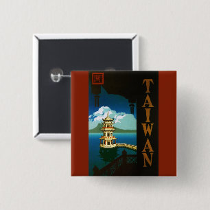 Vintage Travel Asia, Taiwan Pagoda Tiered Tower Vierkante Button 5,1 Cm