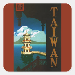 Vintage Travel Asia, Taiwan Pagoda Tiered Tower Vierkante Sticker