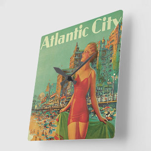 Vintage Travel, Atlantic City Resort Beach Blonde Vierkante Klok