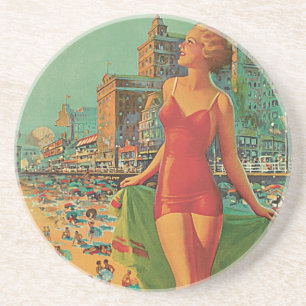 Vintage Travel, Atlantic City Resort Beach Blonde Zandsteen Onderzetter