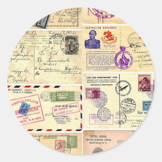 Vintage Travel Briefkaarten Ronde Sticker (Voorkant)