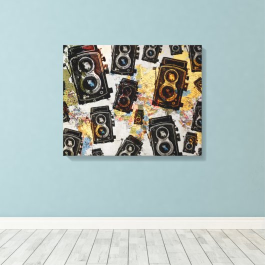 Vintage Travel Camera Patroon Canvas Afdruk (Insitu (Houten vloer))