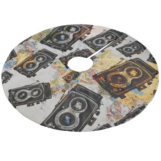 Vintage Travel Camera Patroon Fleece Kerstboom Rok (Gekanteld)