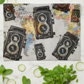 Vintage Travel Camera Patroon Theedoek (Gevouwen)