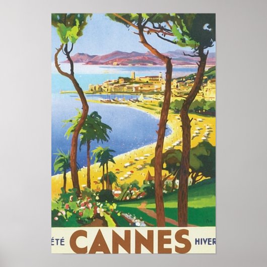 Vintage Travel Cannes Beach Scene Poster (Voorkant)