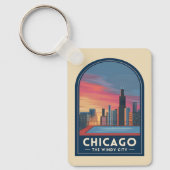Vintage Travel Chicago Sunset Skyline Cityscape Sleutelhanger (Voorkant)