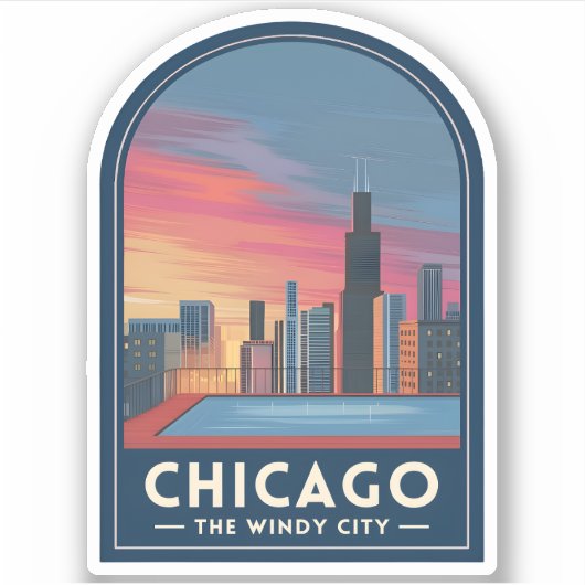 Vintage Travel Chicago Sunset Skyline Cityscape Sticker (Voorkant)