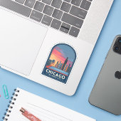 Vintage Travel Chicago Sunset Skyline Cityscape Sticker (Laptop met iPhone)