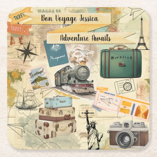 Vintage Travel Collage Kartonnen Onderzetters (Voorkant)
