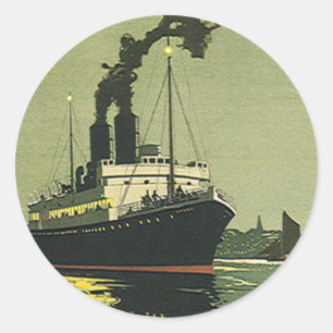 Vintage Travel, cruiseschip in een haven Ronde Sticker