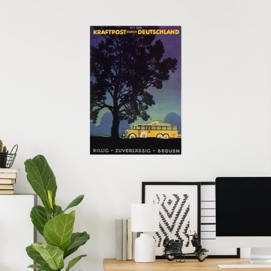 Vintage Travel, Duitsland, Gele bus bij nacht Poster (Thuiskantoor)