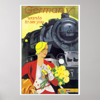 Vintage Travel Duitsland per trein en per vliegtui Poster