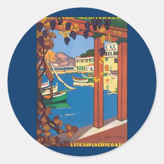 Vintage Travel, Frans Riviera Mediterranean Zee Ronde Sticker (Voorkant)