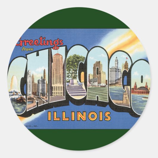 Vintage Travel, Greetings uit Chicago Illinois Ronde Sticker (Voorkant)