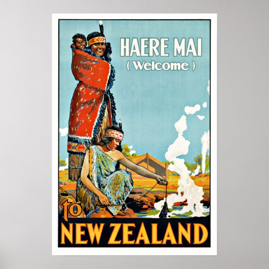 Vintage Travel Haere Mai naar Nieuw-Zeeland Poster (Voorkant)