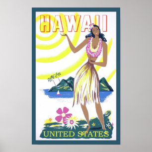 Vintage Travel Hawaii Hawaiian Lady Poster