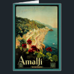 Vintage Travel, Italiaanse kuststrand Amalfi<br><div class="desc">afbeelding van het Europese reisposter of bagageetiket van de Italiaanse Amalfi-kust met het prachtige blauwe mediterrane Zee,  de beroemde steile kliffen van Amalfi en een rode geraniumbloem op de voorgrond. De tekst luidt Amalfi Italia.</div>
