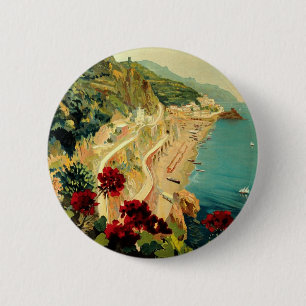 Vintage Travel, Italiaanse kuststrand Amalfi Ronde Button 5,7 Cm