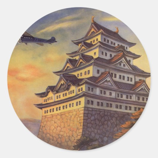 Vintage Travel Japan, Japans Pagoda vliegtuig Ronde Sticker (Voorkant)